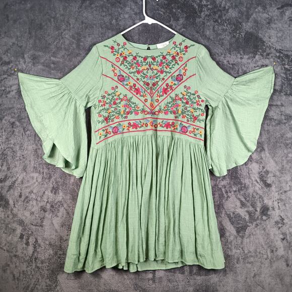 Umgee Mini Dress Women Small Sage Green Embroidered Bell Sleeve Boho Peasant - Picture 1 of 10